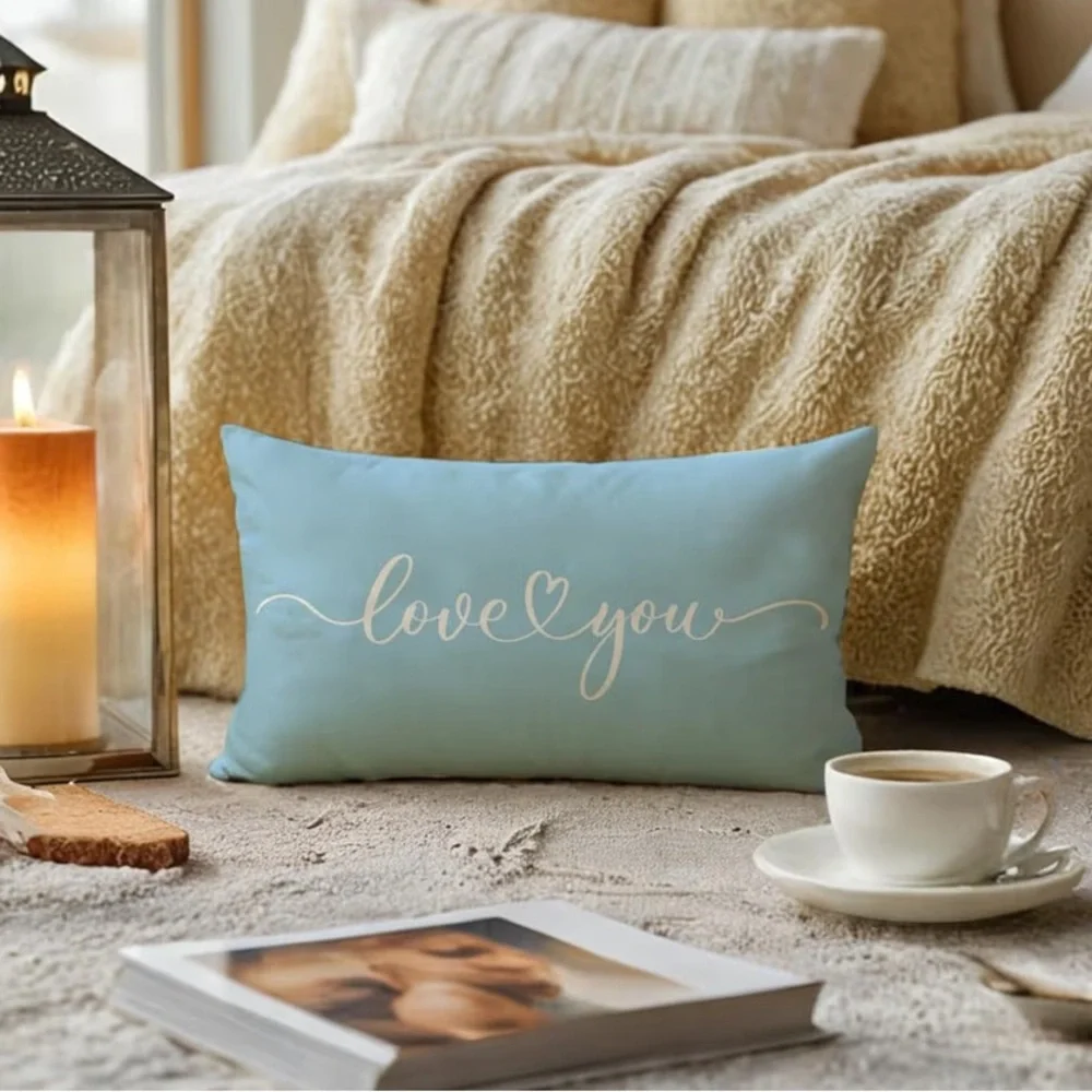 Love You Script Decorative Accent Pillow Cover - Light Blue/ leaning turquoisey